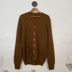 Obey Propaganda Brown Chunky Knit V-Neck Cardigan Sweater Mens Small Mustard